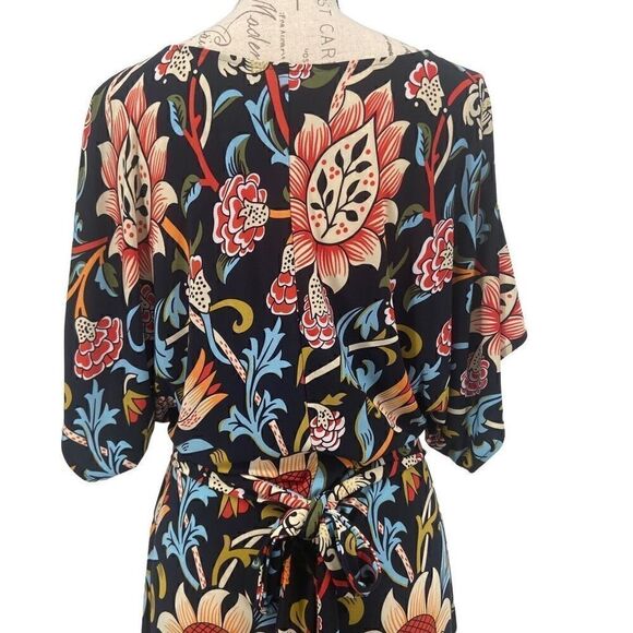 BCBGMAXAZRIA Woodblock Navy Folk Art Floral Dress Tie Waist Peplum Sheath Dress - Picture 7 of 9